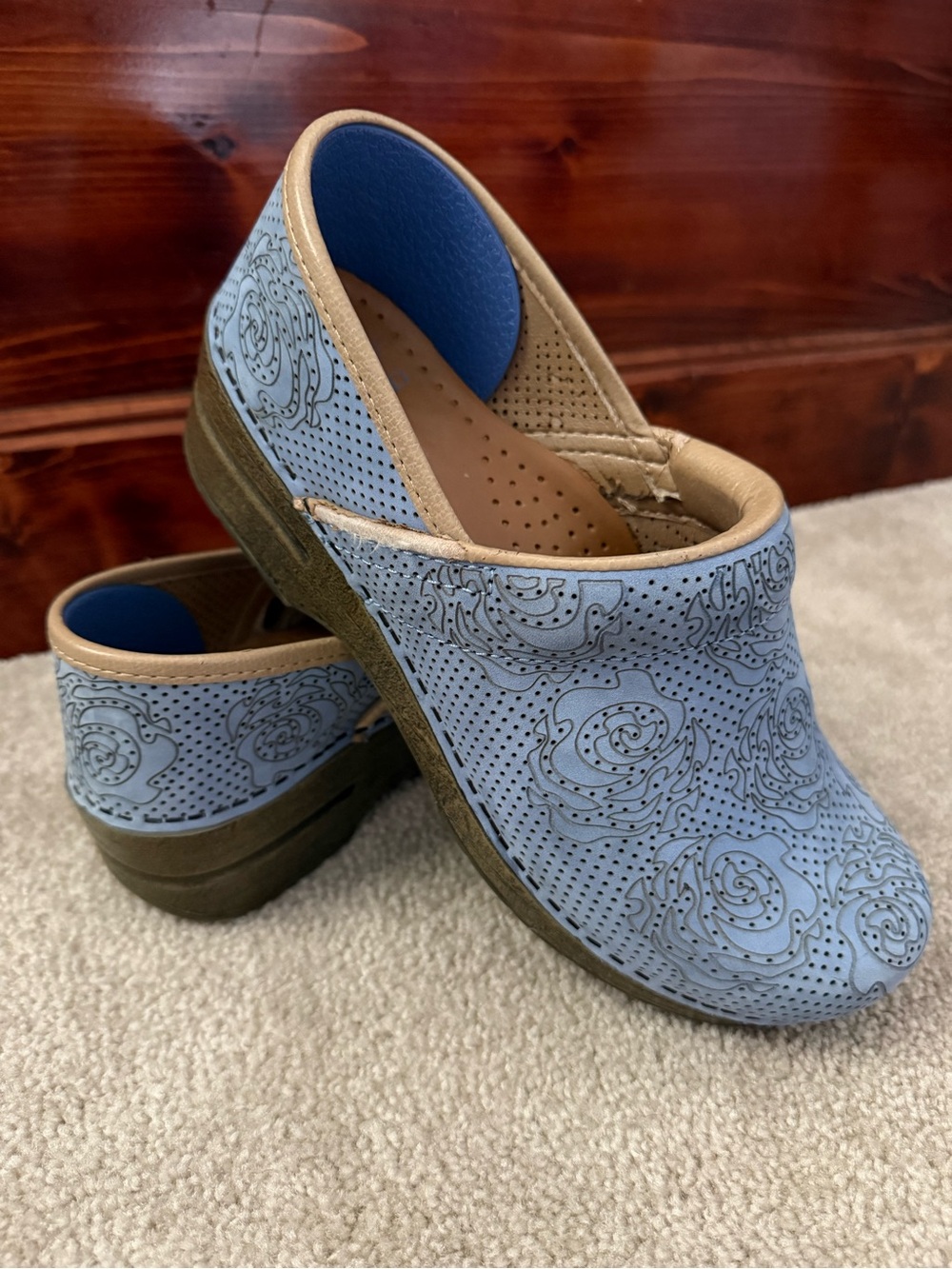 Dansko Slip-On Clogs in Light Blue with Floral Detail